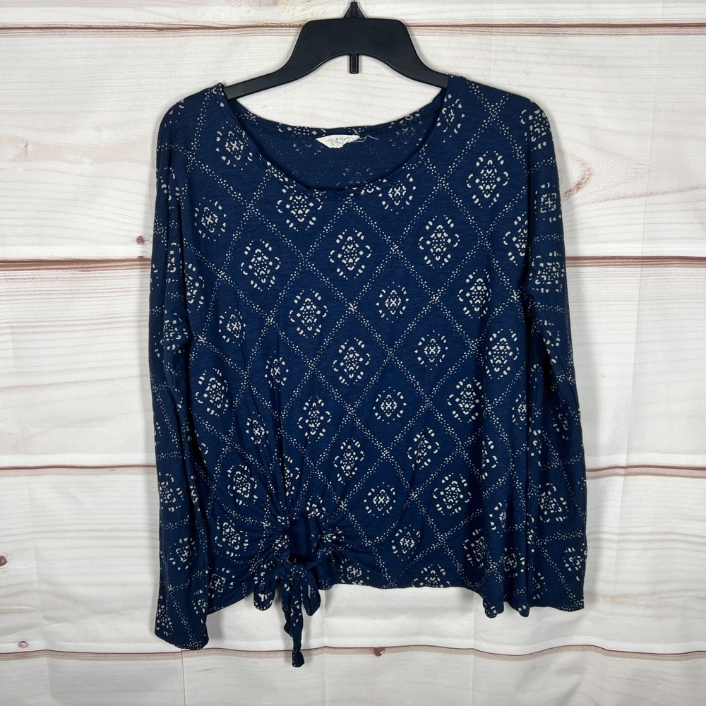 Lucky Brand Top Womens Large Blue Print T-Shirt Geometric Modal Cotton Tie Waist